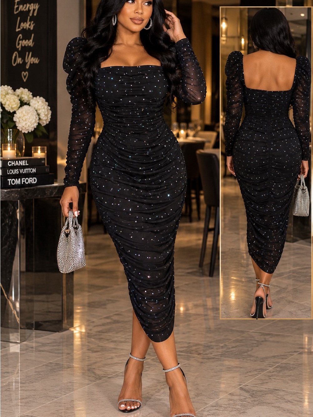 SHEIN Black Sparkle Ruched Midi Dress with Puff Long Sleeves